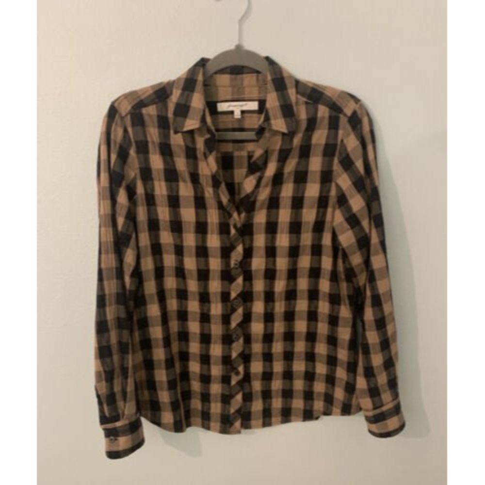 Foxcroft 8 Neutral Tone Tan Plaid Check Wrinkle Free Button Down Shirt Blouse